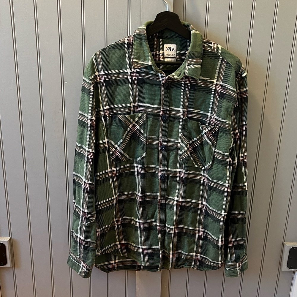 Zara Green and White Plaid Casual Shirt